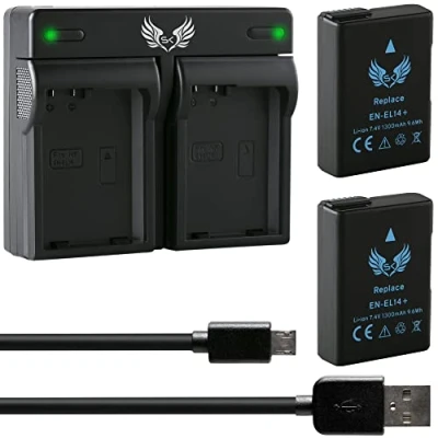 Abbildung von 2X SK Akku Ersatz für Nikon EN EL14 [1300mAh] + Dual Charger EL14A D3100 D3400 D3500 D5100 D5500 D5600 DF // CoolPix P7100 P7700 P7800