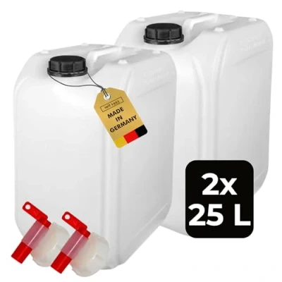 Abbildung von ABACUS® 2X 25 Liter Wasserkanister Natur Chemiekanister Auslaufhahn und Deckel (DIN 61) Lebensmittelecht Indoor Outdoor BPA Frei Säurefest Mit Skala zum Ablesen des Füllstands