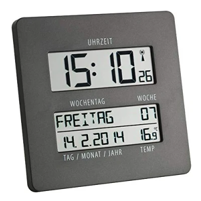 Abbildung von TFA Dostmann 60.4509 Time Line Funk Wanduhr mit Temperatur und Wochentagsanzeige (grau)