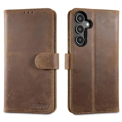 Abbildung von LENSUN Lederhülle für Samsung Galaxy A55, Echtleder Hülle [Echtes Leder][Kartenfach][RFID Schutz][Brieftasche] Flip Handyhülle Handytasche A55 5G Vintage Dunkelbraun