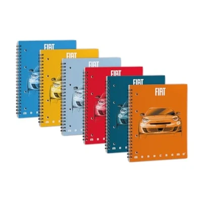 Abbildung von Pigna , Packung mit 5 Heften, Fiat 600, Spiralbindung, 70FF/SH Lochung und Mikroperforation, kariert mm.
