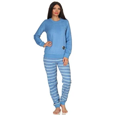 Abbildung von Normann Pyjama Damen Frottee langarm mit Bündchen, Hose gestreift