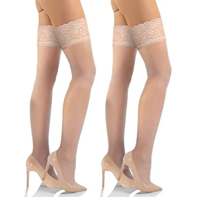Abbildung von sesto senso Halterlose Strümpfe mit Spitze 2er Pack 15 DEN Feinstrümpfe Damen XL/XXL Poudre Beige Elfenbein Hautfarbe