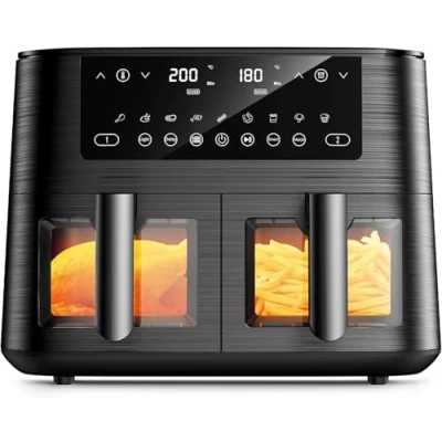 Abbildung von Dual Zone Heißluftfritteuse mit Sichtfenster, 9L XL Kapazität Doppel Airfryer, 2 Schubladen, 9 in 1 Kochvorgaben, Touchscreen, Smart und Timer Funktion, Gesunde Friteuse ohne Öl fettarmes Kochen