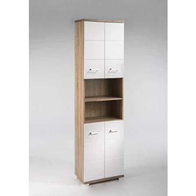Abbildung von byLIVING Hochschrank NEBRASKA / Badschrank Sonoma Eiche, Türen Hochglanz weiß lackiert Badezimmerschrank 4 mit offenen Elementen &amp; viel Stauraum B 50, H 192, T 31,5 cm