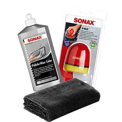 Abbildung von detailmate SONAX Hand Polier Set: Polish+Wax Color Silber/grau 500ml Politur + P Ball ergonomischer Edgeless Superflausch Mikrofaser Poliertuch 40x40cm, 550GSM