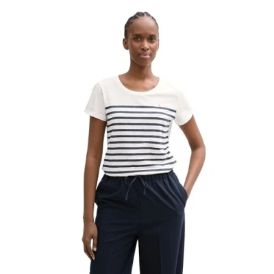 Abbildung von TOM Tailor Denim Printed SLUB Tshirt print, Damen, Größe: Large, White/navy