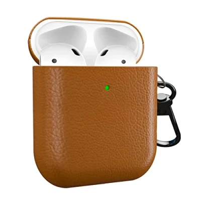 Abbildung von MyGadget Kunstleder Hülle kompatibel mit Apple Airpods 1 2 Generation Case [Qi kompatibel] robuster &amp; stoßfester Bumper Karabiner in Dunkel Braun