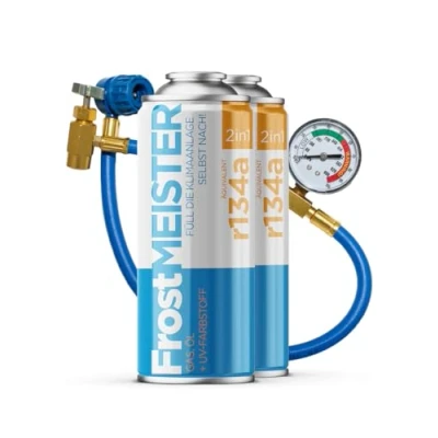 Abbildung von FrostMEISTER 2in1 Auto Klimaanlagen Nachfüllset 2x400 ml inkl. Manometer Schlauch Schnelle, einfache &amp; umweltfreundliche Anwendung (R134a, 19952016)