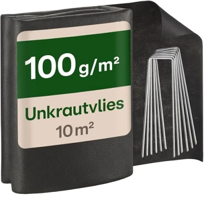 Abbildung von Praknu Unkrautvlies 100g/m² mit 8 Erdankern 10m² (2x5m) Reißfeste &amp; Wasserdurchlässige Unkrautfolie für Garten, Hochbeete Terrassen