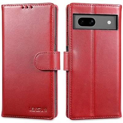 Abbildung von LENSUN Echtleder Hülle für Google Pixel 7a, Handyhülle [Echtes Leder] [Magnetverschluss] [RFID Schutz] Flip Cover Handytasche Lederhülle 7a 5G Weinrot