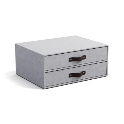 Abbildung von Bigso Box of Sweden BIRGER Schubladenbox für Dokumente und Bürobedarf Schreibtisch Organizer mit 2 Schubladen Ablagesystem aus Faserplatte Papier in Leinenoptik hellgrau