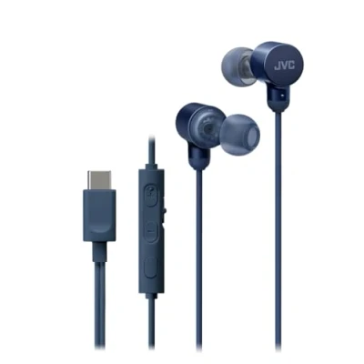 Abbildung von JVC HA FR29UC A USB C Ohrhörer, DA Wandler, Hi Res Audio, Mikrofon mit Stummschaltung, Bequeme Silikon Ohrstöpsel, 3 Tasten Fernbedienung, Plug &amp; Play für PC/Smartphone/Gaming, Farbe Blau
