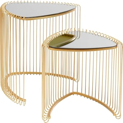 Abbildung von Kare Design Beistelltisch Wire Triangle, 2er Set, Gold, Dreiecksform, Wohnzimmertisch, Beistelltisch, Stahlgestell, Tischplatte gefärbtem Glas, 47x51x44cm (H/B/T), 39x41x35cm (H/B/T)