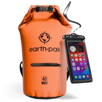 Abbildung von Earth Pak Torrent Serie Dry Bag wassersdichte Tasche mit verstellbarem Schultergurt und wasserfester Handyhülle Ideal beim Kajak Fahren Angeln Rafting Orang 40L