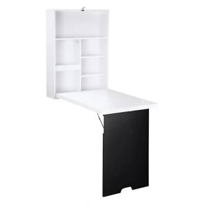 Abbildung von HOMCOM Schreibtisch Wandtisch Wandklapptisch mit Tafel, 5 Fächern, Klappschreibtisch Klappbarer Computertisch für Büro Weiß+Schwarz 60 x 94,5 147 cm