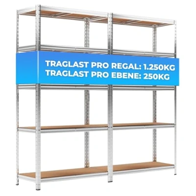 Abbildung von ALL Premium Schwerlastregal 2er Set 150x75x30cm Silber Bis 1250 kg belastbar, höhenverstellbar, Stecksystem, ideal für Lager, Garage &amp; Keller