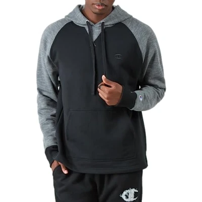 Abbildung von Champion Herren Powerblend Fleece Bequemer Hoodie Sweatshirt (Reg groß) Kapuzenpullover, Schwarz/Schwarz/Manhattan Mist C Logo, L