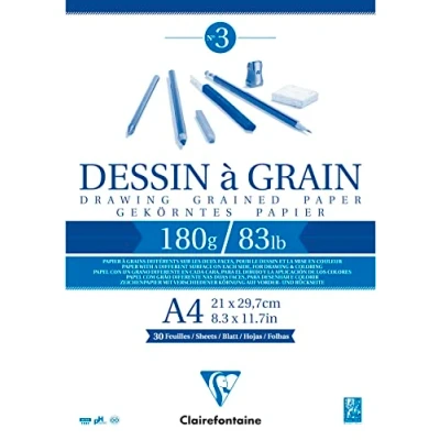 Abbildung von Clairefontaine 96624C Packung mit 5 Blöcken geleimt Zeichenpapier gekörnt, 30 Blatt DIN A4, 180g, weiß, 1 Pack