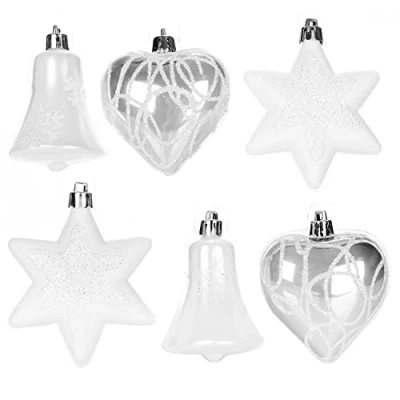 Abbildung von com four® 6 teiliges Set Christbaumschmuck Christbaumkugeln in verschiedenen Formen Glocke, Herz und Stern zum Anhängen am Weihnachtsbaum (weiß/silberfarben)