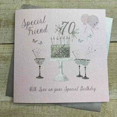 Abbildung von WHITE COTTON CARDS SS42 SF70 Geburtstagskarte zum 70. Geburtstag, Motiv: Champagnergläser, rosa Rosen