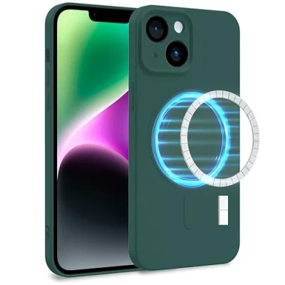Abbildung von MyGadget Hülle für Apple iPhone 14 [ kompatibel mit MagSafe ] Zweilagige Handyhülle Kameraschutz Cover Innenfutter &amp; Silikon außen Olive Grün