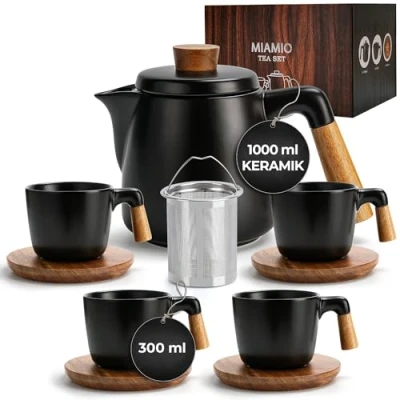 Abbildung von MiaMio Teeservice 1 Liter Keramik Teekannen Set mit Siebeinsatz und 4 Tassen (5 tlg),