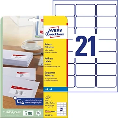 Abbildung von AVERY Zweckform J8160 10 Adressetiketten/ Adressaufkleber (210 Etiketten, 63,5x38,1mm auf A4, bedruckbar, selbstklebend, für DIN B6/C6 Briefkuverts, Papier matt, Inkjet Drucker) Blatt, weiß