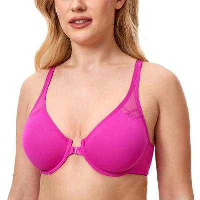 Abbildung von DELIMIRA Damen Vollschalen Vorderverschluss Seamless BH mit Bügel Ungepolster BHS Große Brüste Racerback Hibiskus Purpur 80B