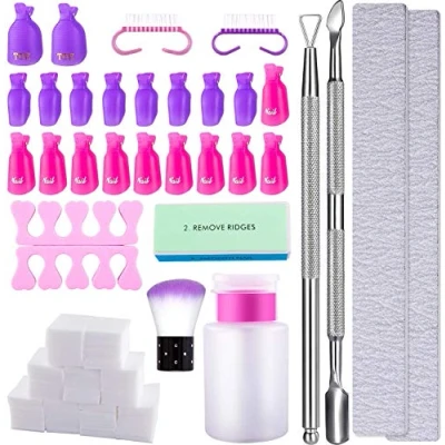 Abbildung von Queta Nagellackentferner Werkzeuge,Nagellack Gel Remover Tools Kit mit Nagelclips,Nagelfeile, Nagelentferner Wattepads,Pinsel,2 in 1 Nagelhautschaber und Schieber,Nagelseparator,Spenderflasche