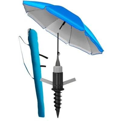Abbildung von 4smile Sonnenschirm Strand SunnyJoy IN Blau Strandschirm mit Bodenhülse &amp; Schutzhülle als 3 1 SET UV Schutz 50+, windfest stabil Ø 180 cm