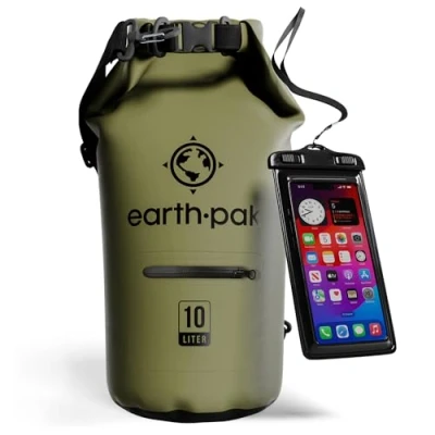 Abbildung von Earth Pak Dry Bag Wasserdichter Packsack mit Reißverschluss Tasche, Schultergurt und wasserfester Handyhülle Ideal beim Kajak Fahren, Camping, Angeln, Bootfahren Rafting (Grün, 10L)