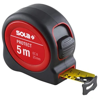 Abbildung von SOLA PROTECT Bandmaß 5m / 25mm robustes Rollbandmaß mit Gürtelclip Stahlband, gelb lackiert mm Skala Genauigkeitsklasse II Rollmeter beweglichem Endhaken Länge 3m, 5m, 8m
