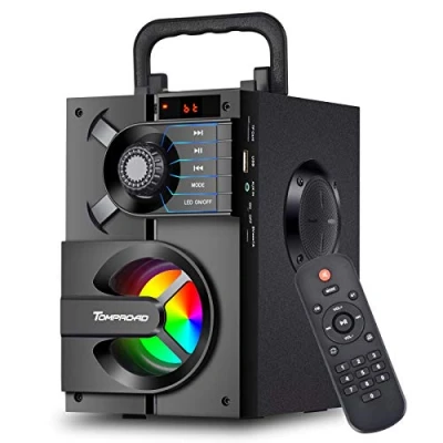 Abbildung von TOMPROAD Bluetooth Lautsprecher, Tragbare Box mit Subwoofer, kabellos Stereo Sound satter Bass Party Lautsprecher unterstützt FM Radio Fernbedienung LED Lichter (Black)