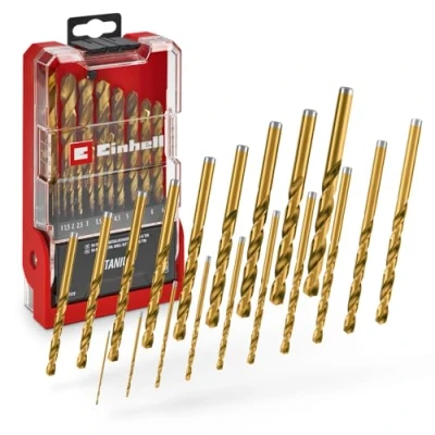Abbildung von Original Einhell 19 tlg. HSS G Titan Metallbohrer Set (im Ganzen geschliffener 4341 Stahl, titanbeschichtet, 135 Split Point Spitze, gefräste Typ N Spirale, Rundschaft)
