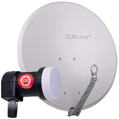 Abbildung von DUR line 1 Teilnehmer Set Qualitäts Alu Satelliten Komplettanlage Select 75cm/80cm Spiegel/Schüssel Hellgrau + Single LNB für Receiver/TV [Neuste Technik, DVB S2, 4K, 3D]