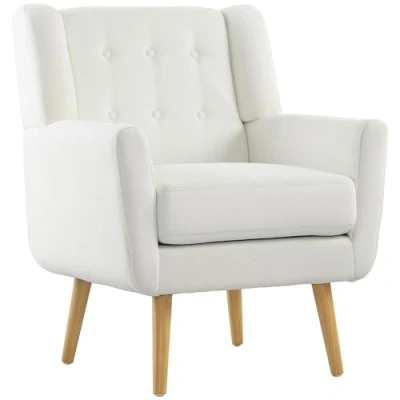 Abbildung von HOMCOM Sessel Wohnzimmer Ohrensessel Gepolstert Getuftet Loungesessel Relaxsessel mit Teddy Fleece Optik, Holzbeine, Polstersessel für Schlafzimmer, Weiß