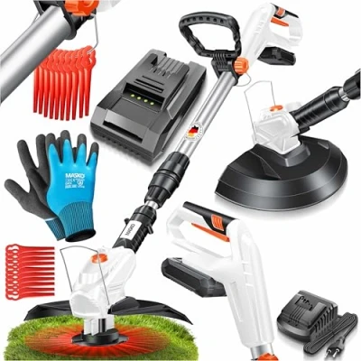 Abbildung von MASKO® Akku Rasentrimmer mit 20 V Li Ion Akku, 2,0 Ah und Ladegerät, Motorsense 260mm Schnittbreite, 180 Trimmwinkel, Teleskop Stiel &amp; Zusatzhandgriff, inkl. Nylonklinge Handschuhe