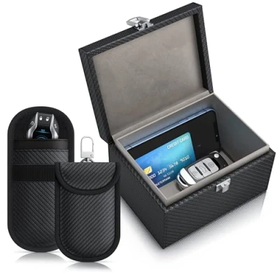 Abbildung von CSL Keyless Go Schutz Box NFC RFID Faraday Box, Abschirmung Blocking Autoschlüssel, inkl. 2X Schlüsselstaschen Hüllen Safe gegen Cyber Kriminalität und Hackerangriffen