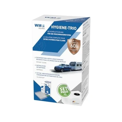 Abbildung von WM aquatec Hygiene Trio für Frischwassersysteme bis 60L Tankgröße Wasserhygiene Wohnmobile, Caravans &amp; Boote Reinigung, Desinfektion automatische Wasserkonservierung Made in Germany