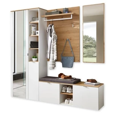 Abbildung von Stella Trading BARI Flurgarderoben Set in Weiß, Artisan Eiche Optik FSC Zertifiziert Modernes Garderobenset 4 teilig für Ihren Eingangsbereich 206 x 202 38 cm (B/H/T)