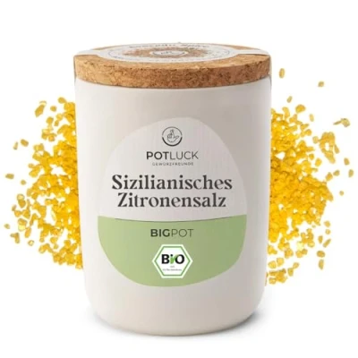 Abbildung von POTLUCK Bio Sizilianisches Zitronensalz Gewürzsalz für Fisch, Meeresfrüchte, Gemüse, Salate und Dressings 900g im Keramiktopf