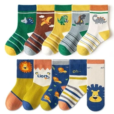 Abbildung von FedMois 10er Pack Kinder Socken Jungen Mädchen Strümpfe Baumwolle, Löwe und Dinosaurier, Gr. 31 34