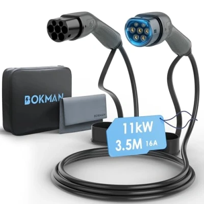 Abbildung von bokman Typ 2 Ladekabel, Modus 3 / 16A 11 kW Phasig 3,5 Meter, auf EV Ladekabel für Elektroauto mit Tragetasche und Mikrofasertuch