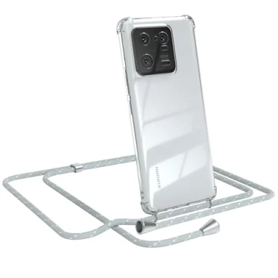 Abbildung von EAZY CASE Handy Chain kompatibel mit Xiaomi 13 Pro, Handykette Tasche transparent, Stoßfeste Soft Silikon TPU, Stylische Kette Hülle für Smartphone, Grau/Weiß Verschlüssen in Silber