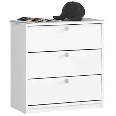 Abbildung von AKORD Schuhschrank mit 4 Schuhregalen und 3 Klapptüren Schuhkipper Schuhregal geschlossen Schuhbank Schuhaufbewahrung B60 x H62 T31 cm, Gewicht 21 kg Farbe Weiß