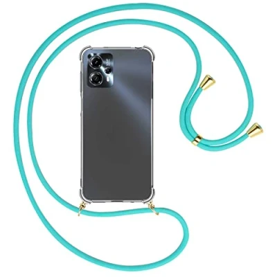 Abbildung von mtb more energy® Handykette kompatibel mit Motorola Moto G13, G23 türkis/Gold Smartphone Hülle zum Umhängen Anti Shock Full TPU Case