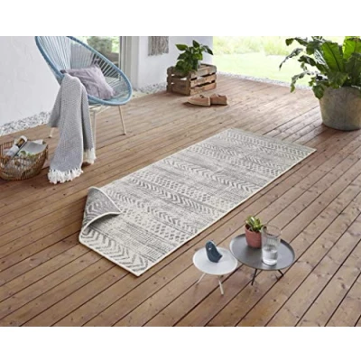Abbildung von NORTHRUGS in und Outdoor Teppich Biri 80x350cm Wendeteppich Wetterfest Boho Style Vintage Design Läufer für Balkon Terrasse Garten Wintergarten Wohnzimmerteppich Wasserfest Grau Creme