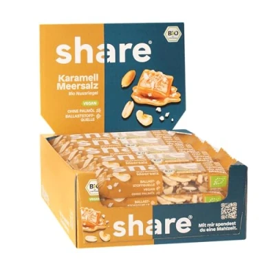 Abbildung von share Nussriegel Karamell Meersalz 15x35 g Bio Riegel spenden je eine Mahlzeit an einen Menschen in Not Erdnüsse, Mandeln &amp; vegan glutenfrei ohne Palmöl