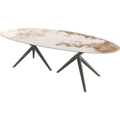 Abbildung von Esstisch Edge Oval 280x130 Keramik Minas Melange Weiß Beige Estelar rund Metall Effektfinish Titan
